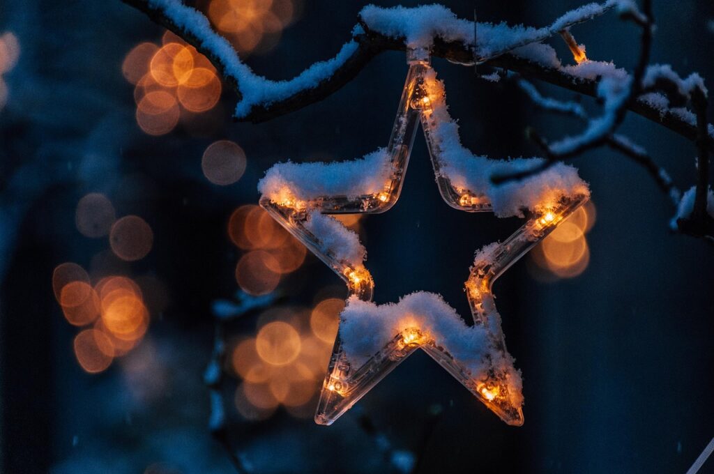 star ornaments covered in snow