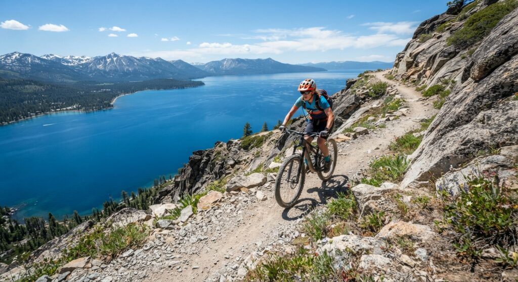 mountain biker above lake tahoe